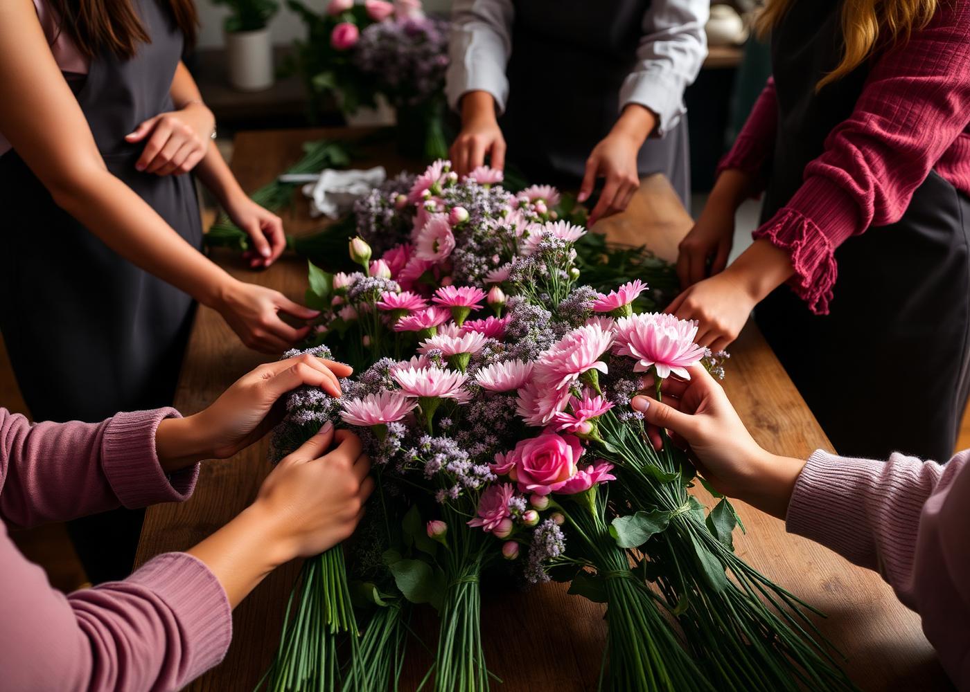 Deltagare på blomsterworkshop binder buketter runt ett träbord